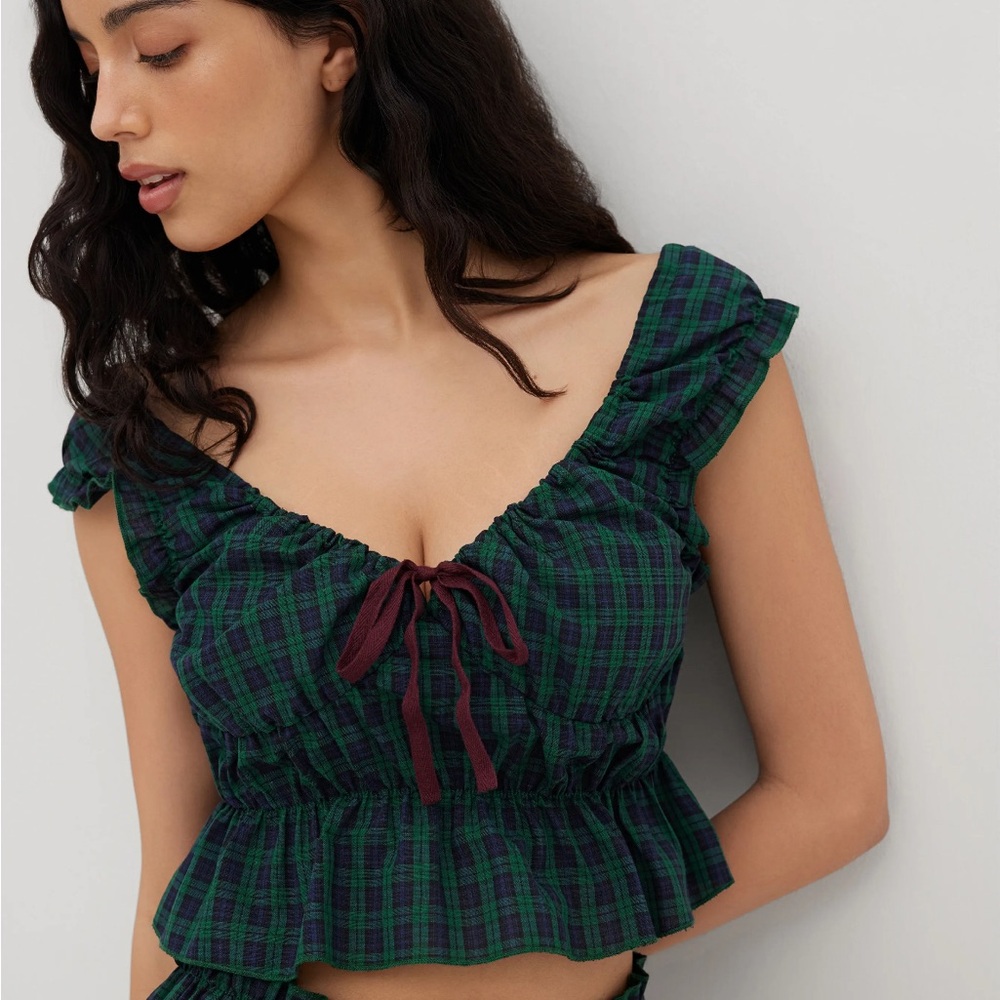 Cider Green Plaid Ruffle Blouse with Bow